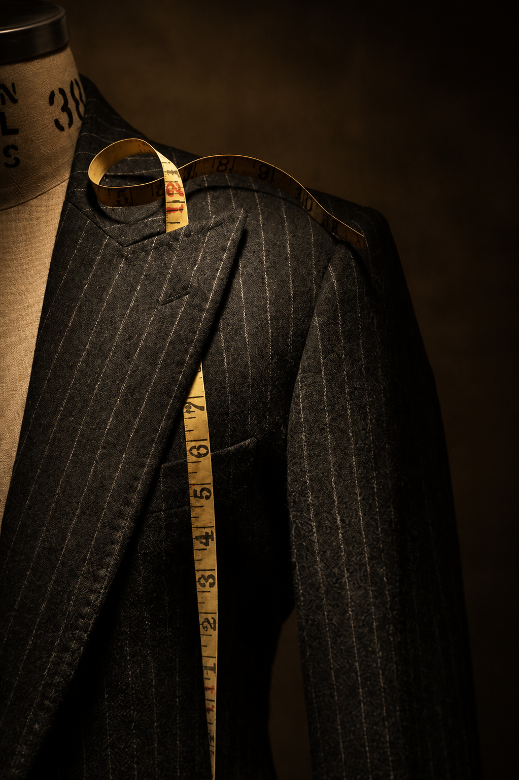 Charcoal pinstripe jacket on a tailor's dress form with a tape measure draped over the shoulder
