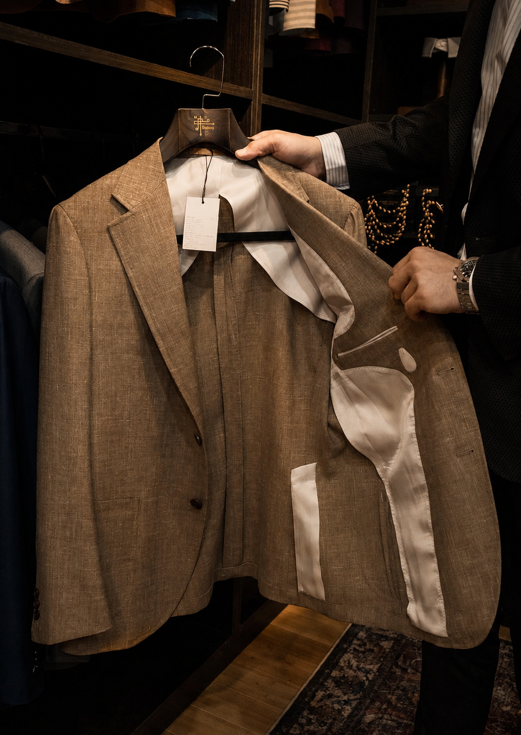 Tailor opening a bespoke brown linen sport coat to reveal its ivory silk lining and hand-finished interior