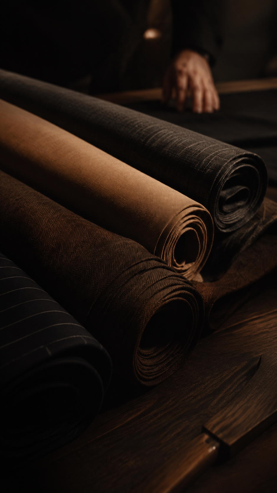 Rolls of fine suiting and linen cloth in charcoal, camel and brown resting on a tailor's wooden cutting table