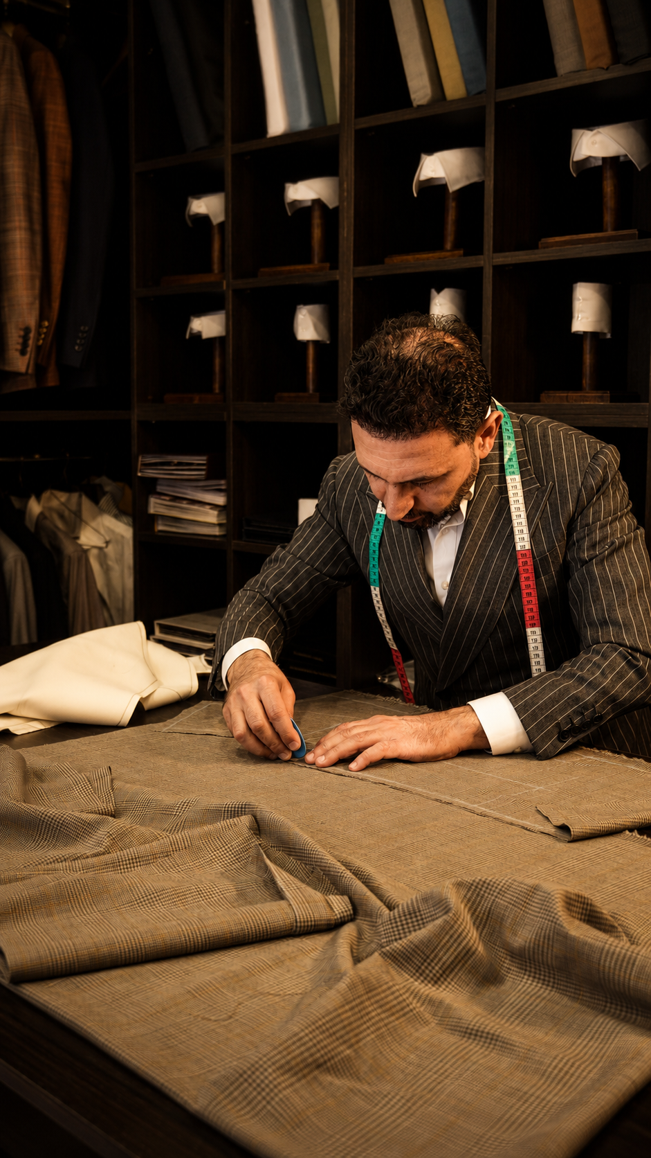 Master tailor at Metropolitan Tailoring chalking and cutting glen-check suiting cloth on the workroom table