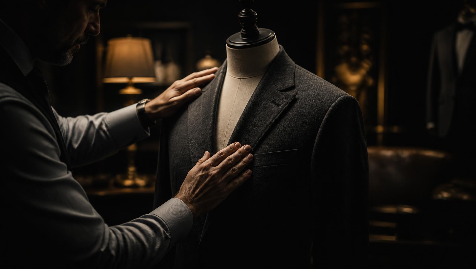 Tailor at Metropolitan Tailoring shaping a charcoal wool suit jacket on a dress form